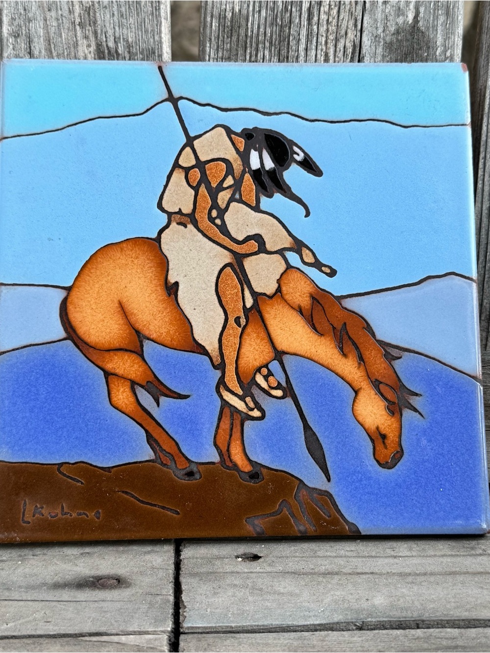 Vintage Southwest Ceramic Art Tile Trivet / Wall Plaque End of the Trail